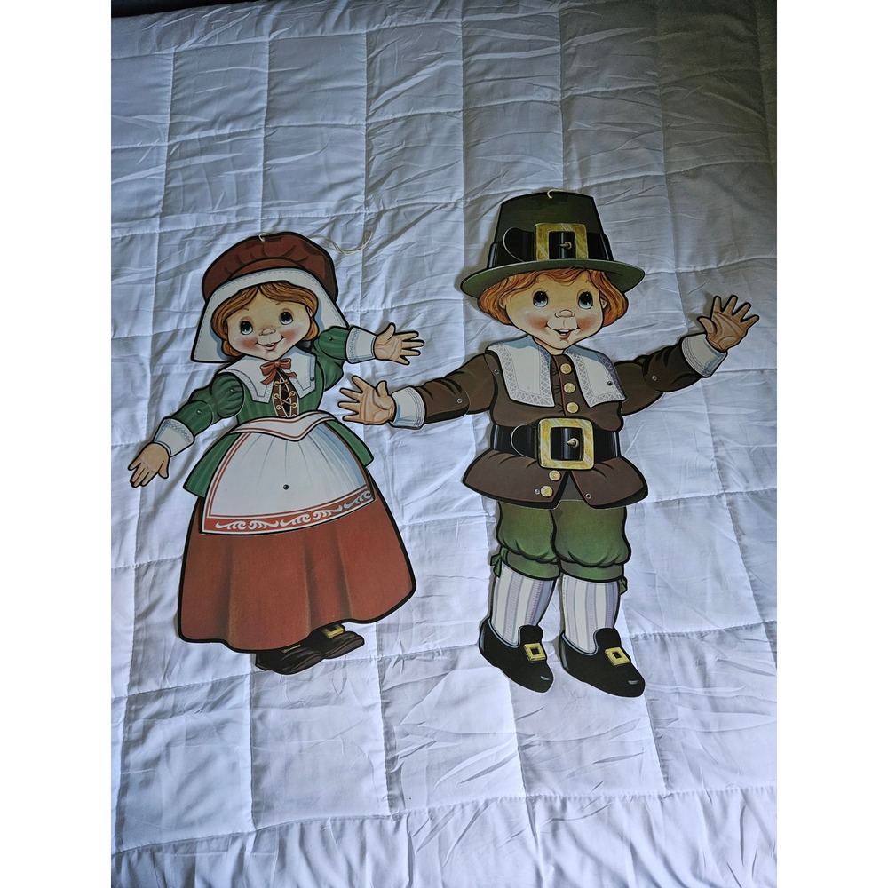 Hallmark Thanksgiving Jointed Die Cut Pilgrim Boy Girl Vintage Wall Decor Set